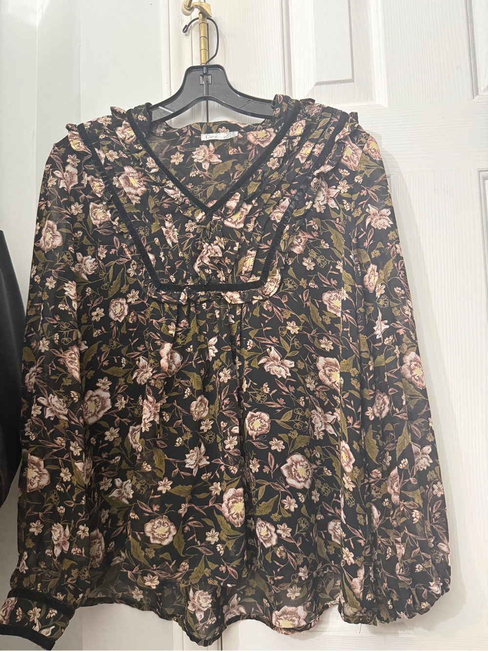 Floral Ruffle V-Neck Blouse in Black and Pink